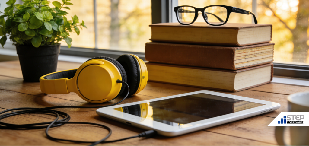 Headphones, ipad, and books